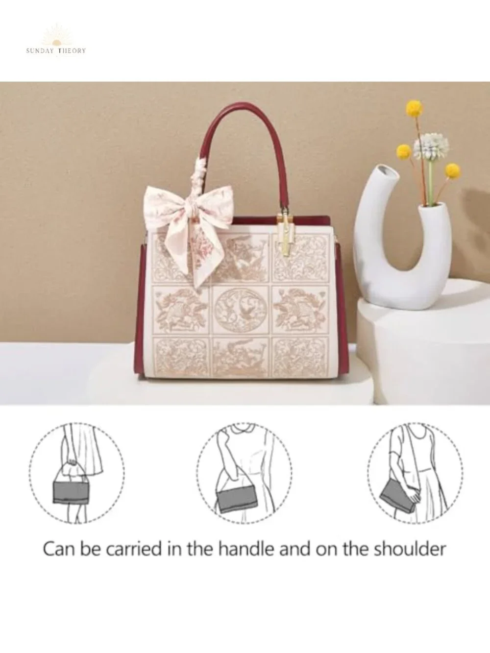 Vintage Embroidery Leather Tote Bag Women Top-Handle Satchel Crossbody
